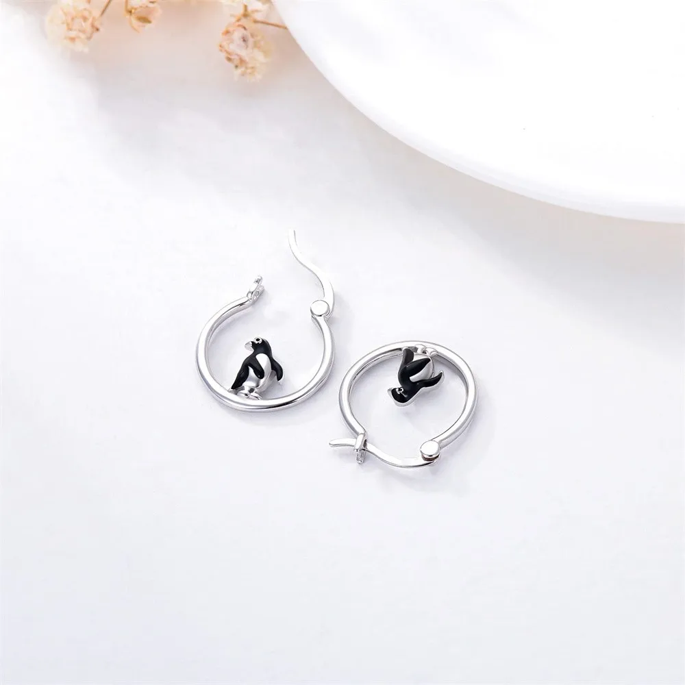 Harong Design New Penguin Hoop Earring Fashion Woman\' Jewelry Trendy Cute Animal Enamel Silver Plated Drop Earrings Gift