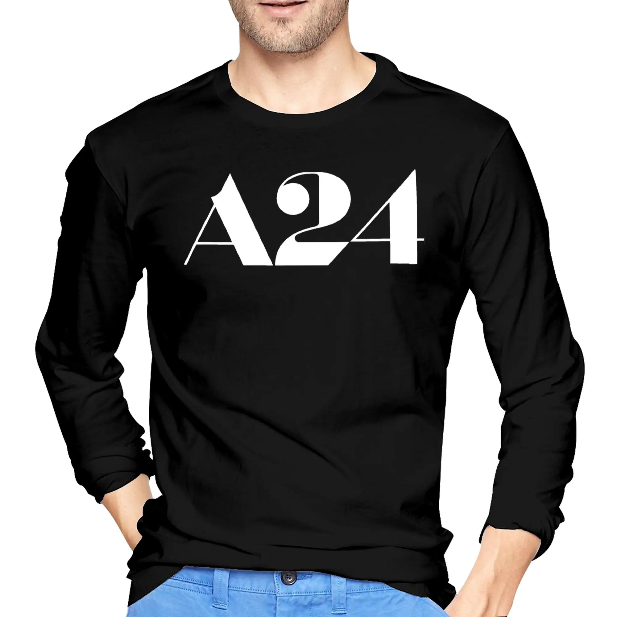 

A24 White Logo Men's Long Sleeved T-shirt Casual Round Neck T shirts Spring and Autumn Men tops