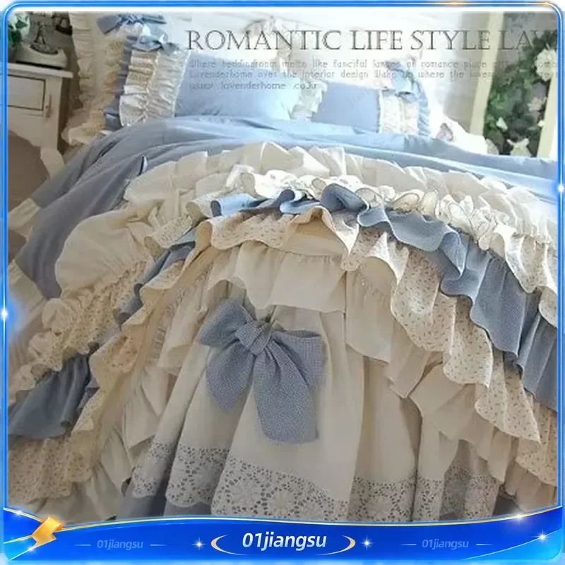 Luxury Egyptian Cotton Bedding Set Blue Plaid Duvet Cover with Lace Ruffle Bowknot Cake Layer Design Bed Skirt Pillowcases