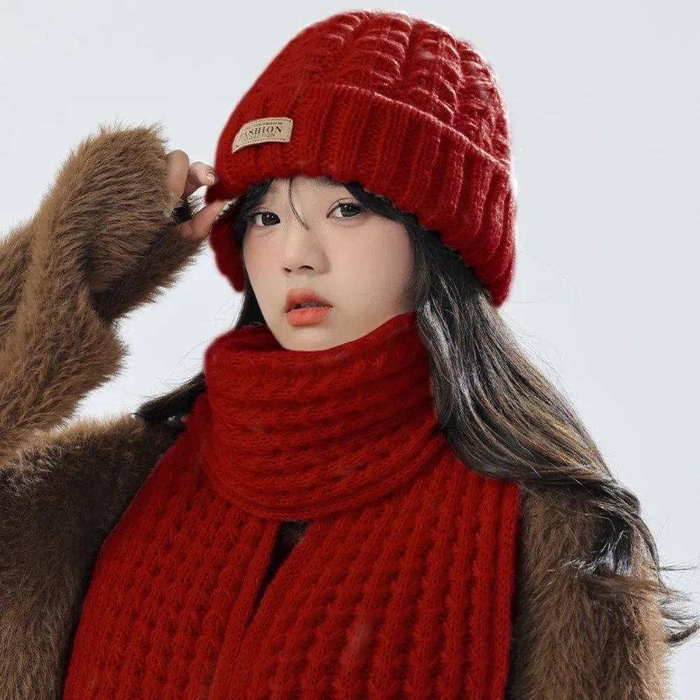 

2Pcs Fashion Windproof Knitted Hat Scarf Thicken Korean Style Neck Guard Hat Set Simple Plush Warm Scarf Outdoor