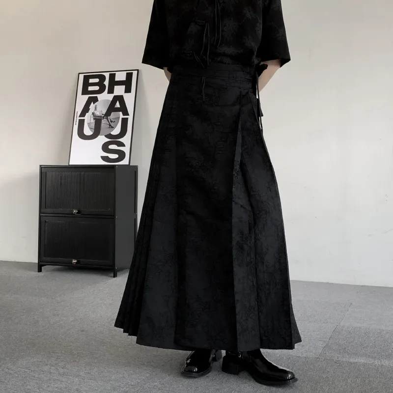 

Spring Collection New Chinese Sle Men's Loose Casual Bla Floral Embroidery Pleated Skirt Hanfu Wide Leg Pants Polyester F...