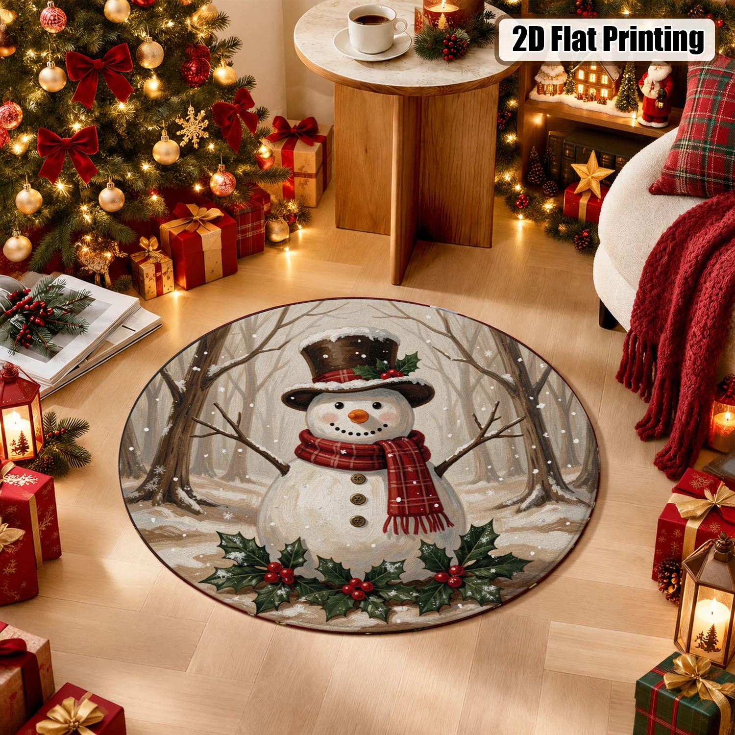 Snowman Winter Forest Holly Round Soft Velvet Rug Machine Washable Perfect for Living Room Bedroom Dining Room Thanksgiving Christmas New Year Black Friday Cyber Monday
