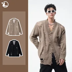 Y2K Men Cardigan Japanese Harajuku Hole Single Breasted Sweater Jacket Fashion V-neck Streetwear Couple High Street Knitted Coat