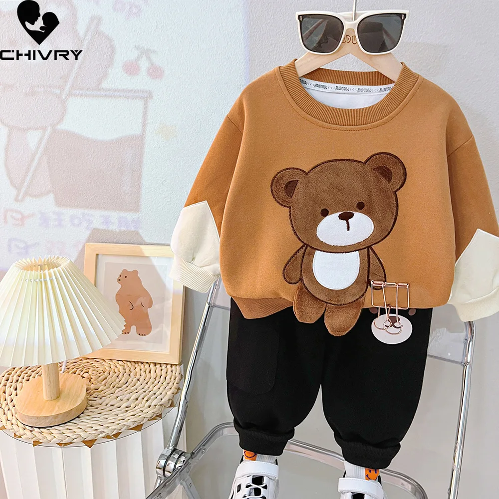 New Spring Autumn Baby Cute Cartoon Bear Long Sleeve Fashion Pullover Sweatshirt Tops with Pants Kids Boys Casual Clothing Sets