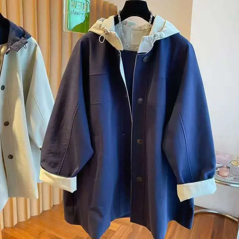 Korean hooded trench coat women's medium and long spring and autumn new loose meat covering casual versatile small coat women