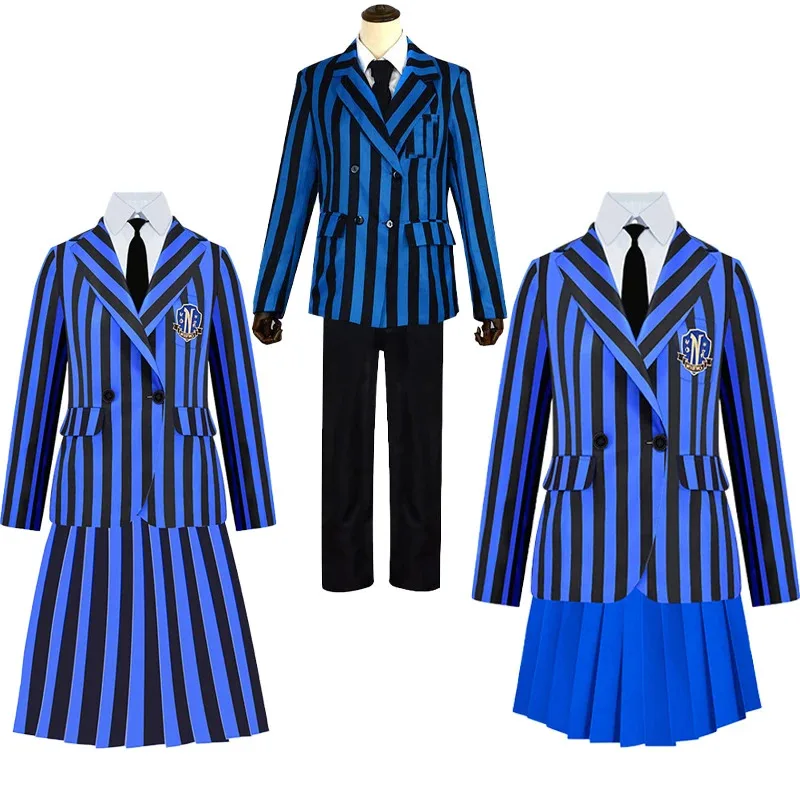 Disfraz de Cosplay de Anime Nevermore Academy, uniformes escolares a rayas para niñas y niños, peluca para fiesta de Halloween, vestido elegante; 2'k, 8;c'