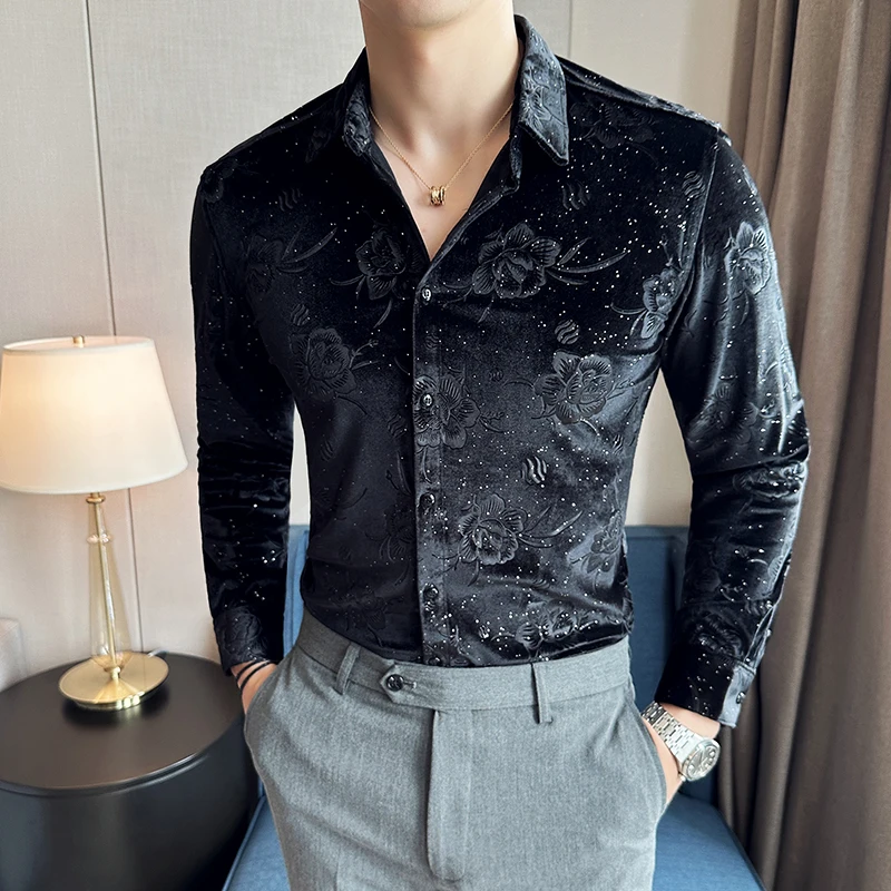 Men\'s Long Sleeve Velvet Flower Shirt New Luxury Printed Business Casual  Dress Shirts Formal Social Party Turn Down Collar Tops