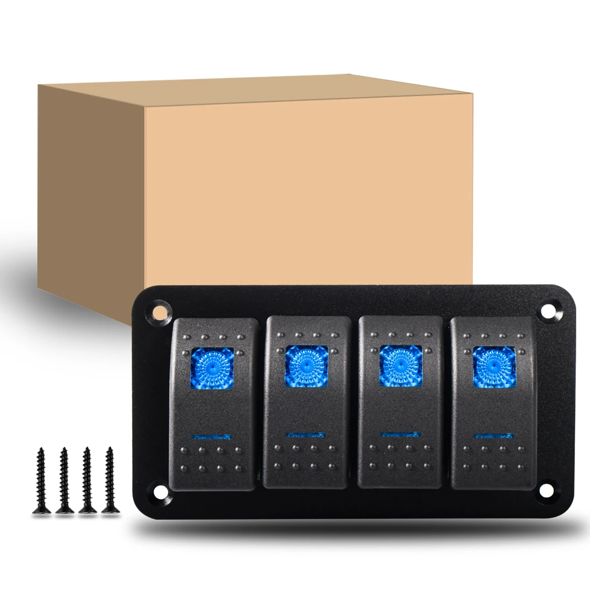 4 Gang Aluminum Rocker Switch Panel Toggle Dash 5 Pin ON/Off Pre-Wired Rocker Switch Blue Backlit Switch for Automotive Car