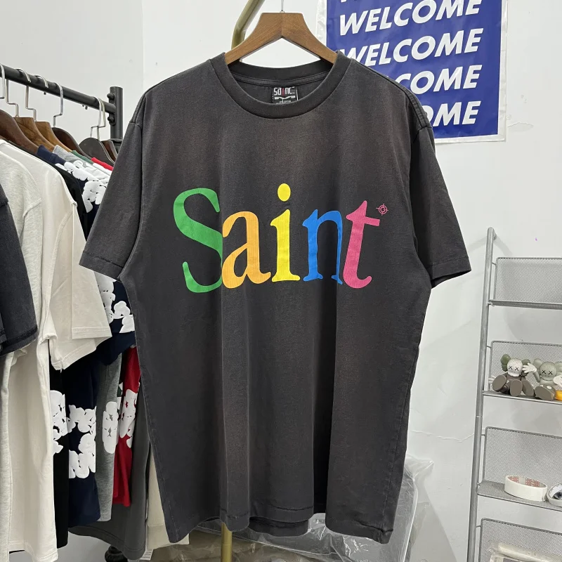 Saint Michael Vintage Do Old Graffiti Painted RIPS Rainbow Lettering Design Vintage T-shirt Short Sleeve High Quality