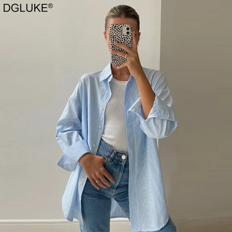 

Vintage Long Sleeve Striped Shirts For Women Fashion Oversized Shirts And Blouses Spring Autumn Casual 100% Cotto Shirt Blue