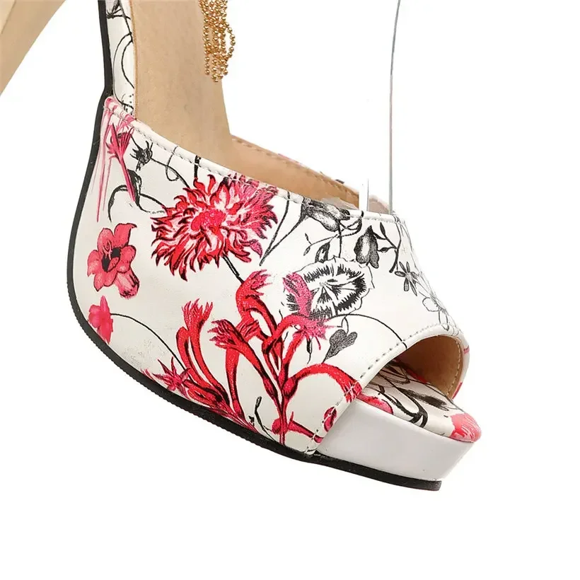 Fashion Women Platform Sandals Red Blue Flower Sequined Cloth High Spike Heel Casual Party Lady Tassel Ankle Strap Thin Stiletto view 2