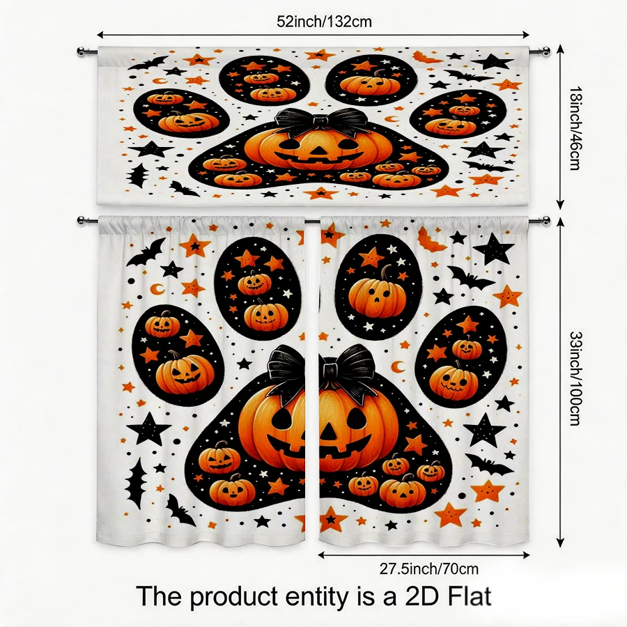 Halloween Fall Kitchen Curtains, Pumpkin Bow Star Bat, Digital Print, Kitchen Dining Room, Rod Pocket Polyester, Home Decor