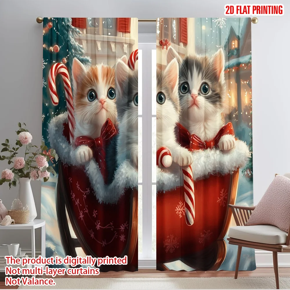 2pcs,2D plane printing Popular Curtain Panels Cute Kittens Christmas Sleigh Ride (2) Durable Polyester (without rod) All Seasons