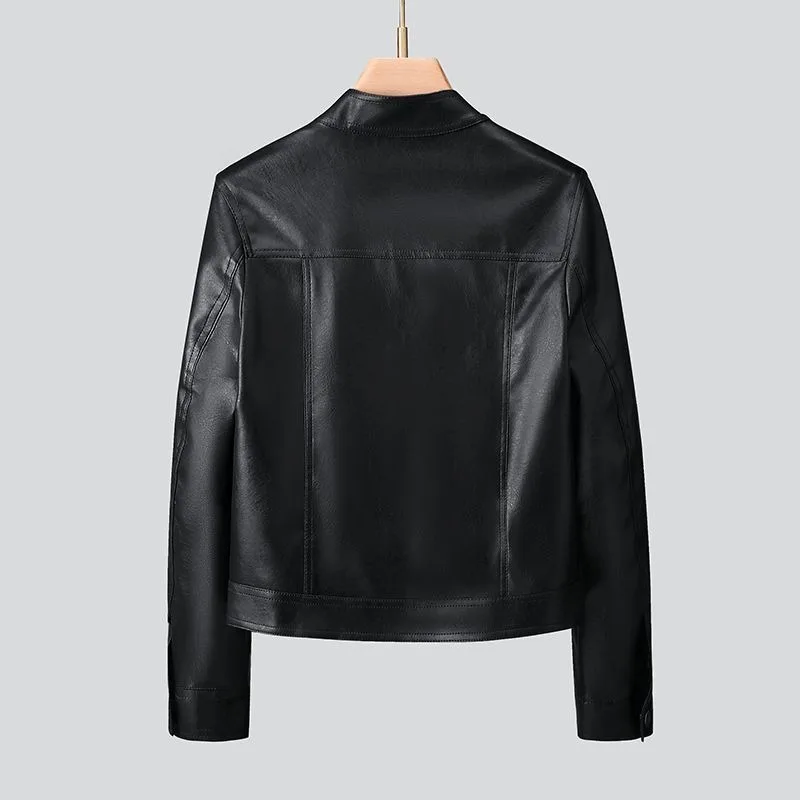 Haining jaqueta de couro feminina casaco curto petite estilo coreano emagrecimento retro gola alta couro primavera e outono novo estilo