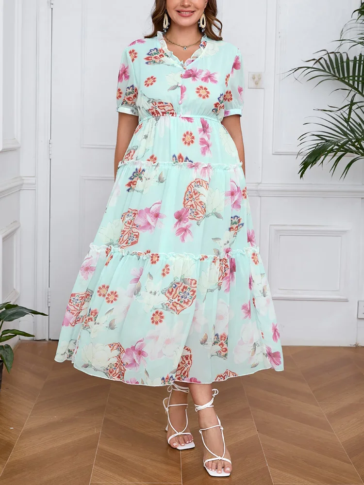 GIBSIE Plus Size Floral Print V-Neck Ruffle Hem Dress Women Summer Short Sleeve Elegant High Waist Chiffon Big Swing Long Dress