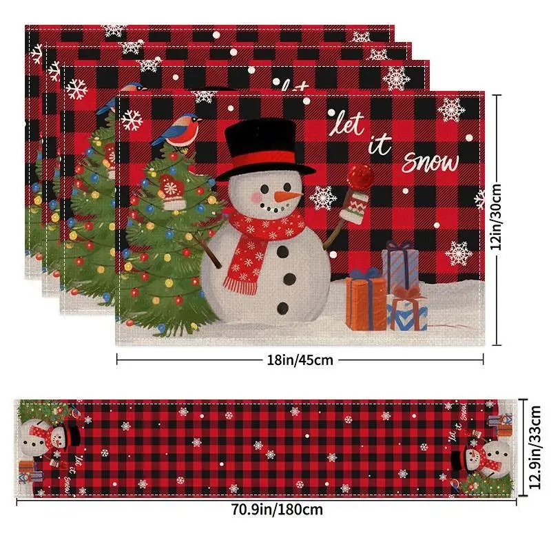 5Pcs Christmas Buffalo Plaid Placemats And Table Runner Set Cute Snowman Print Heat Resistant For Christmas Decoration