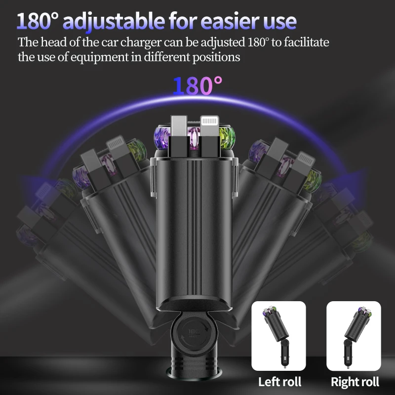 5-in-1 PD45W Car Fast Charger USB Type-C Power Adapter Retractable Phone Charger With Roof Starlight Aromatherapy For IOS Androi