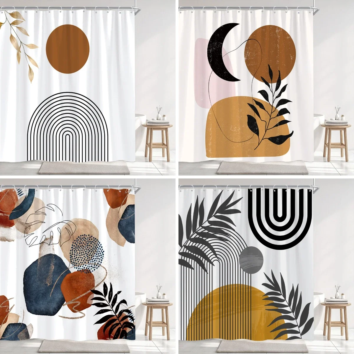 Vintage Medieval Style Printed Shower Curtain Simple Modern Abstract Geometric Line Polyester Fabric Bath Curtain Bathroom Decor