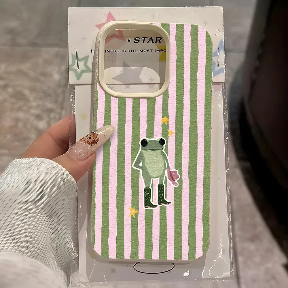 Funda de Teléfono Suave con Patrón Divertido de Rana Vaquera y Textura Lichi para iPhone 17 16 15 14 13 12 11 Pro Max Air 14 15 Plus X Xs XR, Cubierta Antigolpes