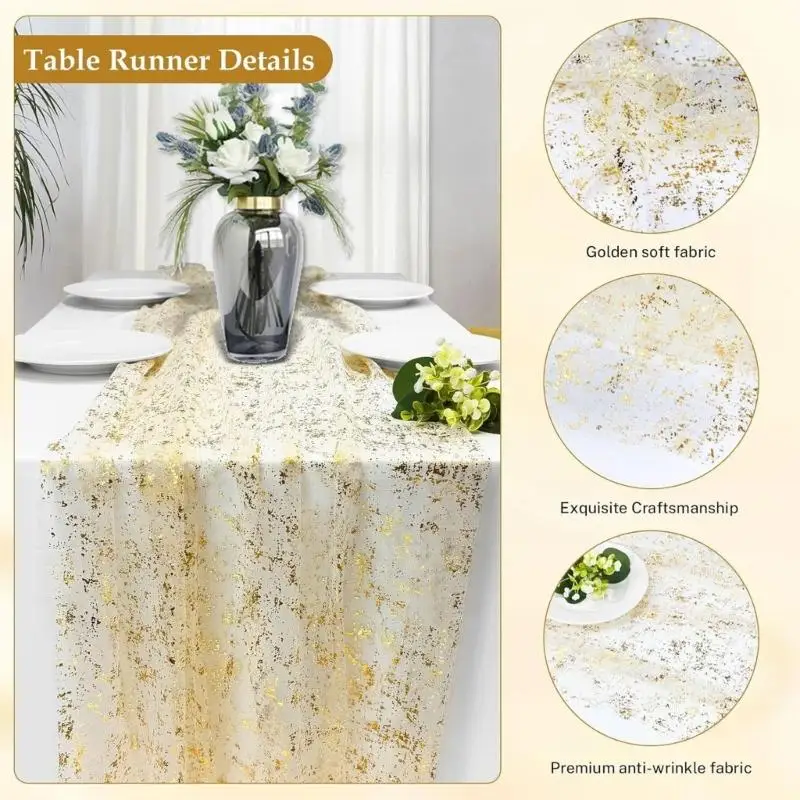 

E8BD Decorative Mesh Gold Foil Table Runner Wrinkles Proof Polyester Fabric Suitable For Dining Room And Living Space