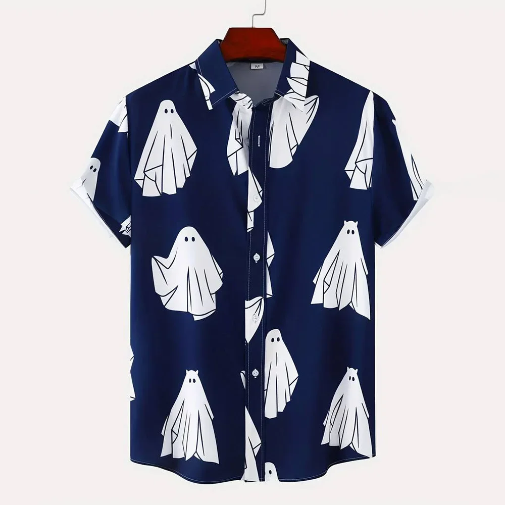 Small and Fun Ghost Full Print Shirt with Simple Lines Little Ghost Monster Boys Summer Casual Short Sleeves