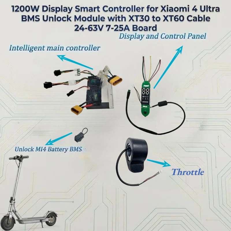 

1200W Display Smart Controller for Xiaomi4 Ultra, BMS Unlock Module with XT30 to XT60 Cable, 24-63V 7-25A Board