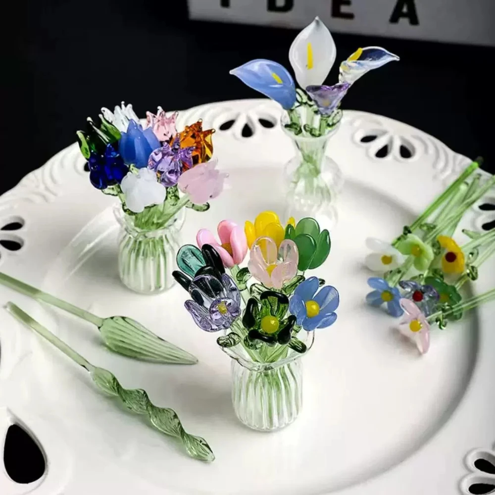 1 ensemble de jolies mini fleurs en verre faites à la main, ornements de fleurs colorées en verre faits à la main, bouquets, ornements de table