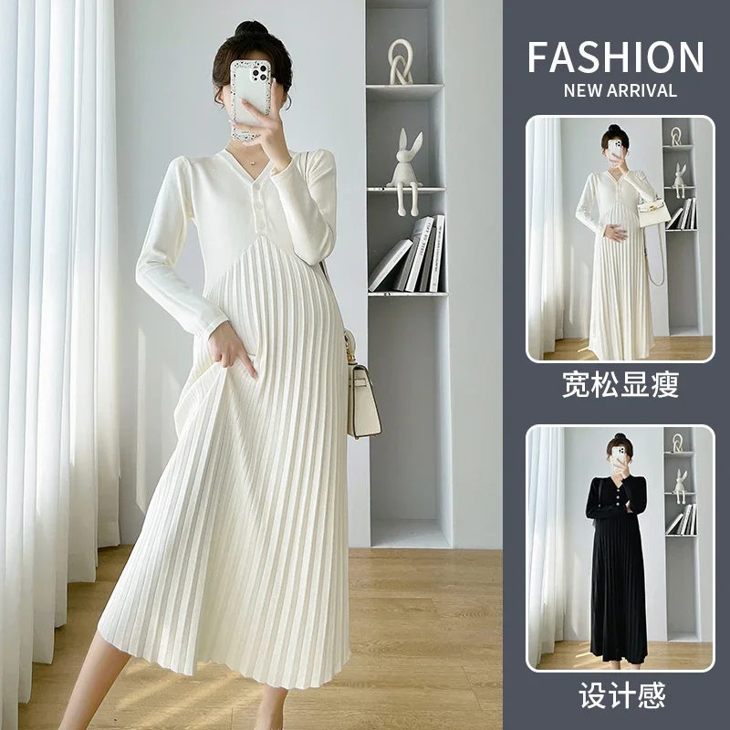 

732# Autumn Winter Warm Knitted Maternity Long Dress Elegant A Line Slim Loose Clothes for Pregnant Women Pregnancy Sweaters