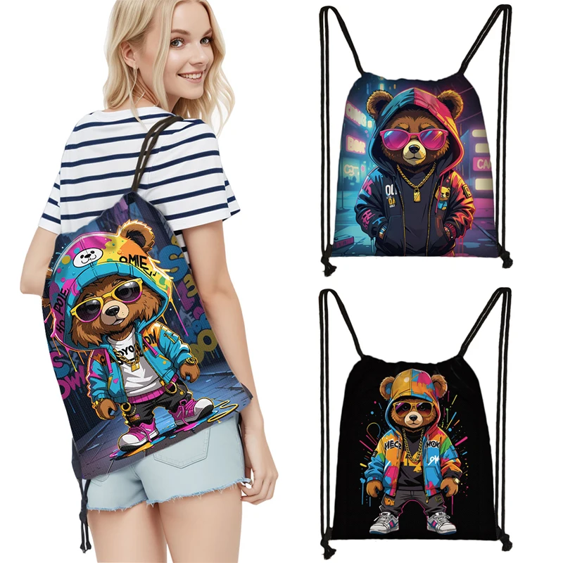 Kawaii Graffiti Bear Print Drawstring Bag Men Fashion Storage Bags Teenager Boys Girls Hip Hop Backpack Travel Bookbag Gift
