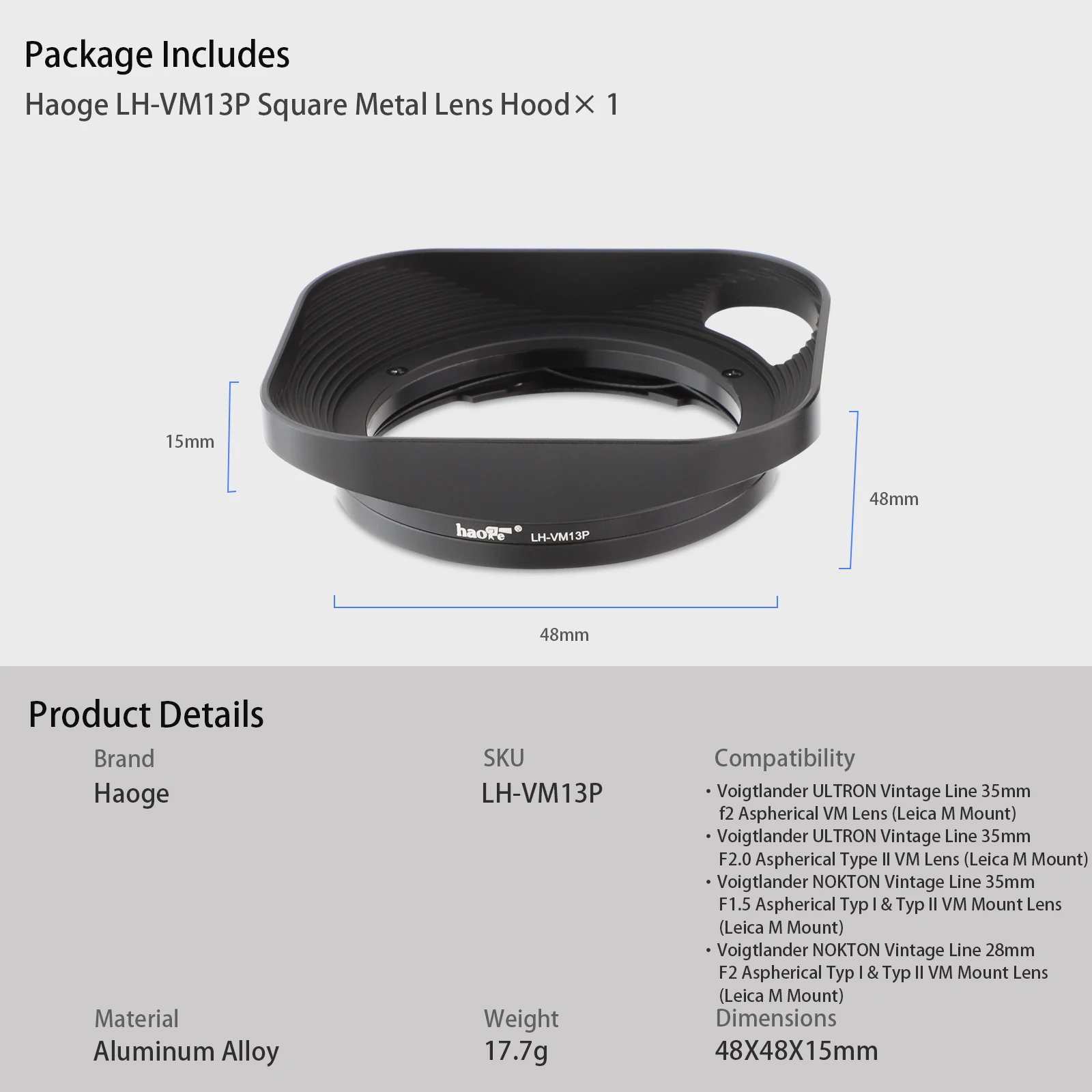 Haoge Bayonet Square Metal Lens Hood Shade with Hollow Out Designed for Voigtlander ULTRON 28mm f2 Type I & II VM Lens