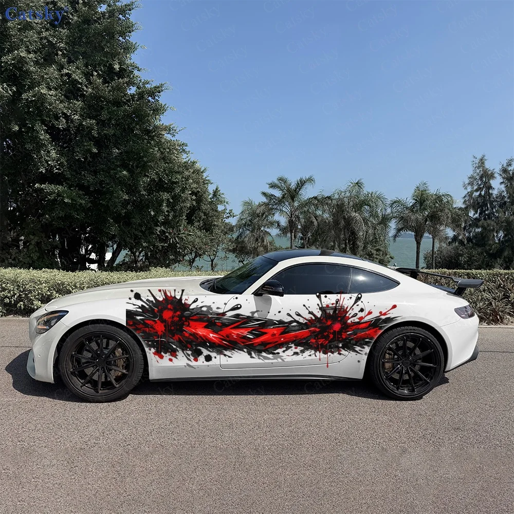 2Pcs Bold Red and Black Splatter Design Car Side Stickers, Automotive Door Side Graphics for Cars, Car Decoration Accessory