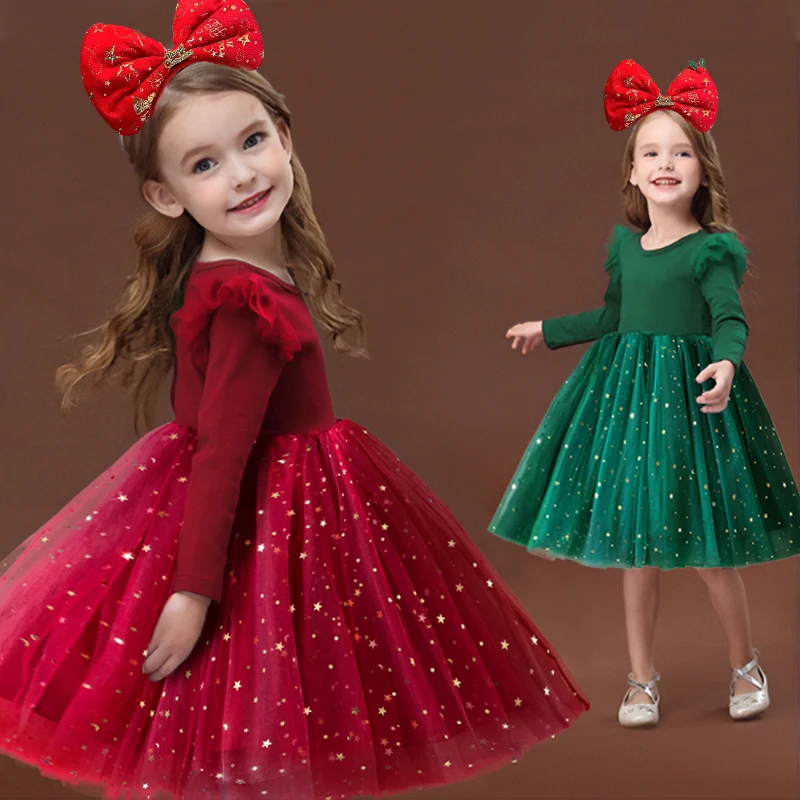 New Children Christmas Dresses for Girls Sequin Star Mesh Princess Dress Red Christmas Clothes Children New Years Costume 3-8Yrs