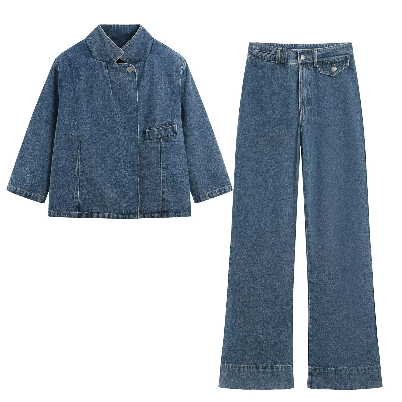 European and American style women's clothing autumn new item 2026 solid color short denim suit jacket long pants set