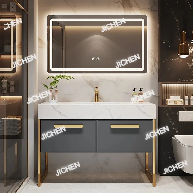 

Роскошный современный отдельно стоящий серый шкаф для умывальника для ванной комнаты, светодиодный зеркальный умывальник, туалетный столик