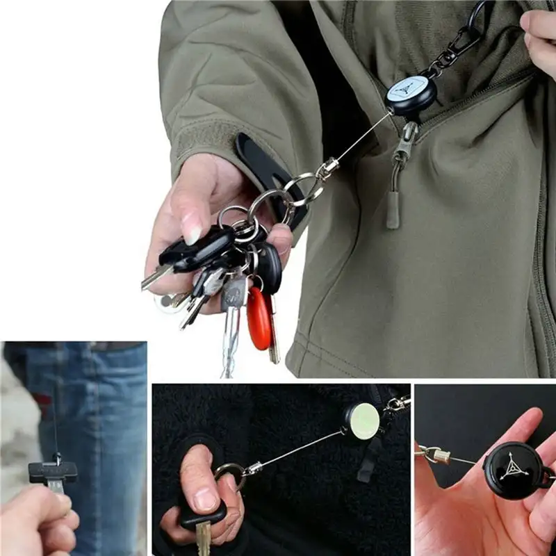 Keychain With Retractable Wire Cord 3 Pcs  Heavy Duty Badge Holder Reel with Multitool Carabiner Steel Wire Supplies Key Ring