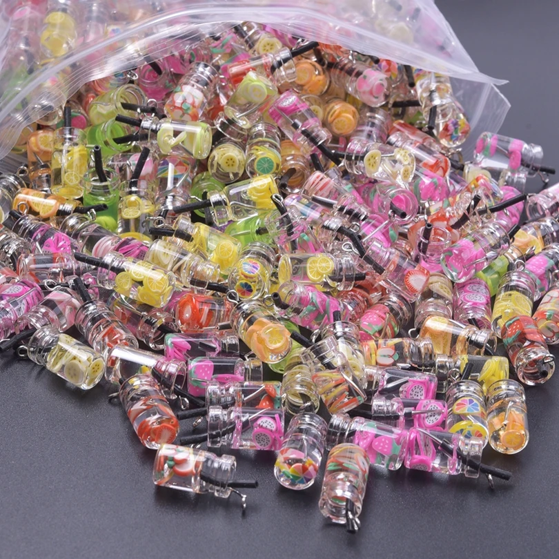 20/40/60개 3D 여름 과일 음료 병 펜던트 랜덤 믹스 쥬얼리 제작 펜던트 DIY 키체인 목걸이 액세서리