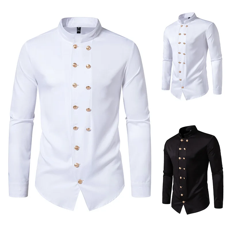 Longsved Mens British Vintage Doublebreasted Shirt Cleanfit Waist Type Non-fading PU Leather Nine-point Sleeve Citywalk Shirt