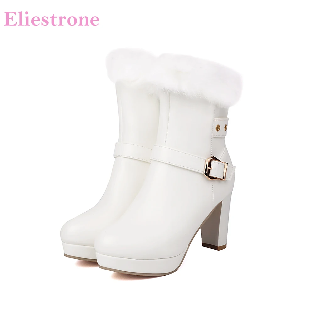 

2025 Новые зимние модные белые, черные женские ботильоны с круглым носком на высоком каблуке, женская обувь плюс маленький большой размер 10, 30, 42, 44 48