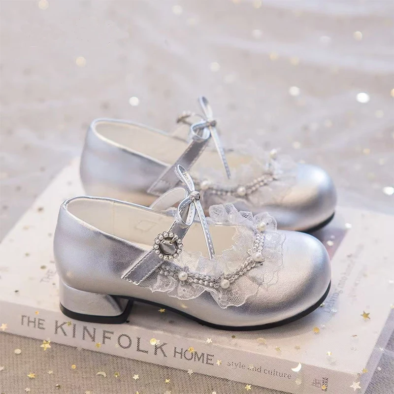 Kids' Casual Shoes PU Leather Pumps Shoes For Girls Hook and Loop Anti-slip Silver Pink High Heels Lolita Shoes Size 26-36