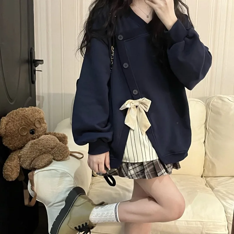 

Женские толстовки большого размера с нерегулярным бантом, студенческие молодежные толстовки с v-образным вырезом, новый мешковатый дизайн, бархатные утолщенные пуловеры, топы