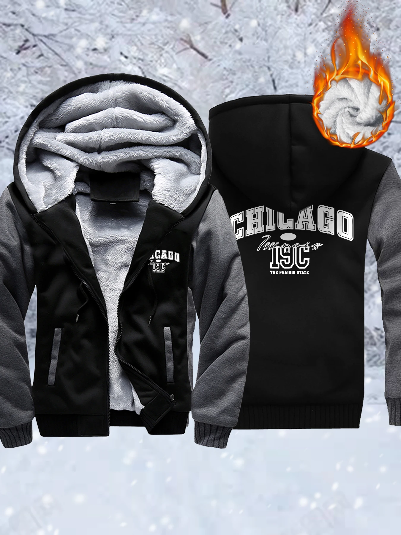 

Мужские зимние куртки на молнии с буквенным принтом Chicago, утепленная теплая толстовка с капюшоном, флисовая основа, удобная мягкая уличная одежда, мужская одежда