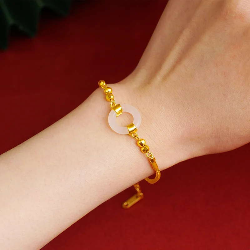 

Interlocking Rings & Ankang Button Bracelet for Women (24K AU999) - Matte Gold Rings, 3D Ankang Button, Daily Commute