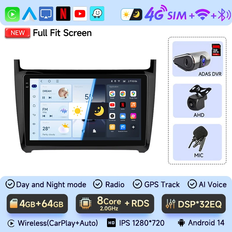JIUYIN Android Auto Autoradio Voor VW POLO 5 sedan 2008-2020 Draadloze CarPlay GPS Multimedia 2 din Intelligente Systemen Stereo