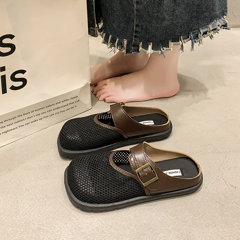 Women Slippers Fashionable Baotou Half Slippers Flat Shoes Simple Lazy Slippers Hollow Breathable Mesh Anti Slip Summer Outdoor