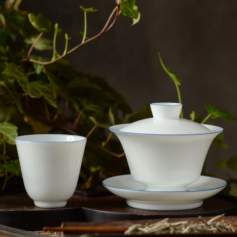 ★Ceramic Jingdezhen Kung Fu Tea Set Master Cup Single Cup Egg-Shell Porcelain Blue Edge Sweet White Jade Porcelain Tea Cup Small