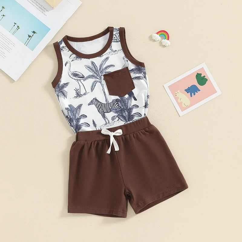 Toddler Baby Boy 2 Piece Summer Clothes Sleeveless Letter Print Tank Top Palm Tree Shorts Beach Hawaiian Outfit Set