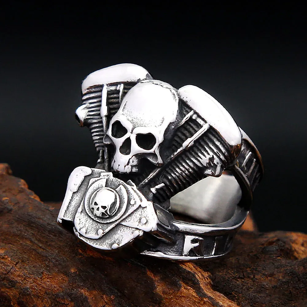 Classic Punk Biker Skull Motorcycle Engine Stainless Steel Ring For Men Women Gothic Hip Hop Men Rider Daily Fashion Jewelry