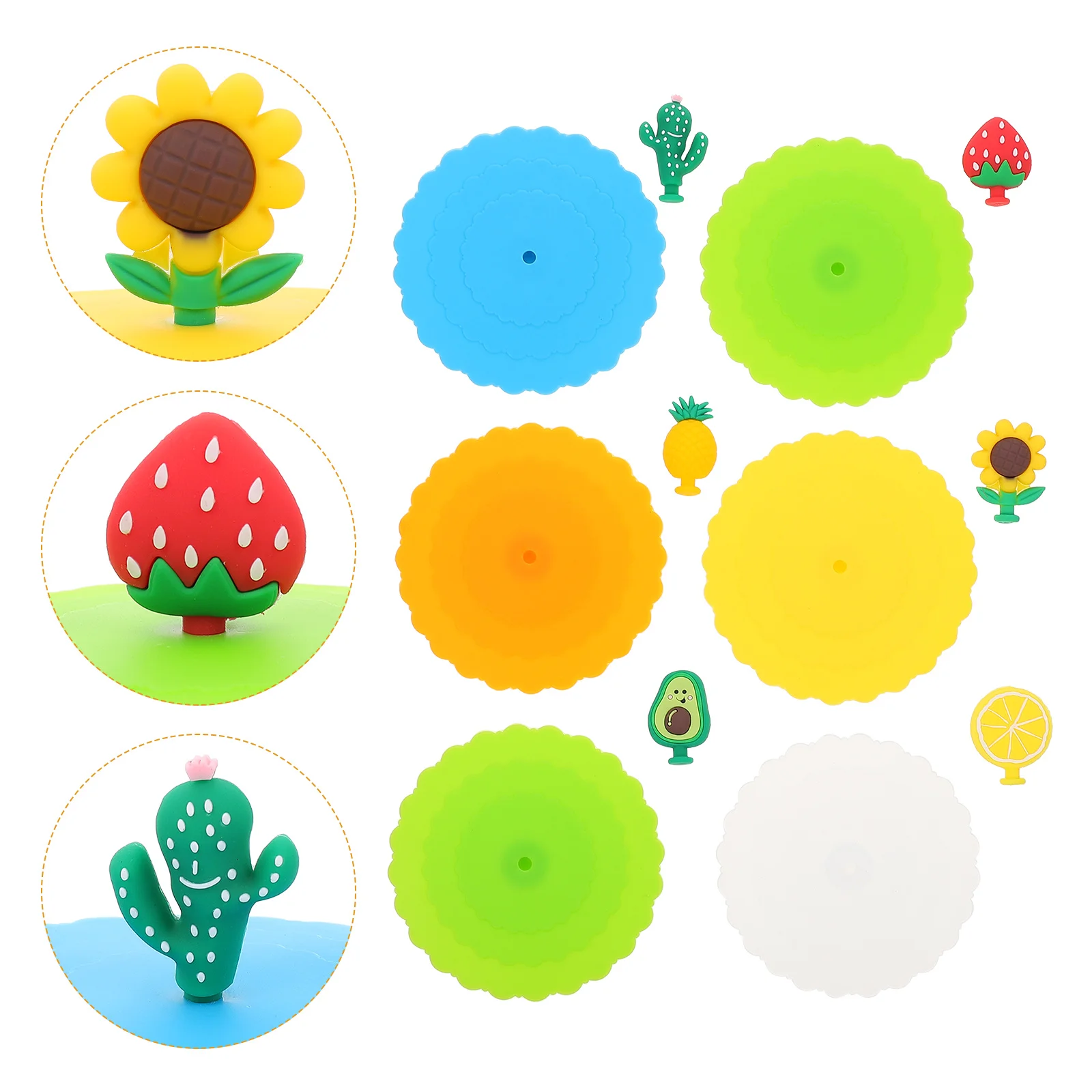 

6 Pcs Silicone Cup Lids 10cm Fruit Shaped Cartoon Dustproof Leak Proof Travel Mug Covers Strawberries Cactus Pineapple Avocado