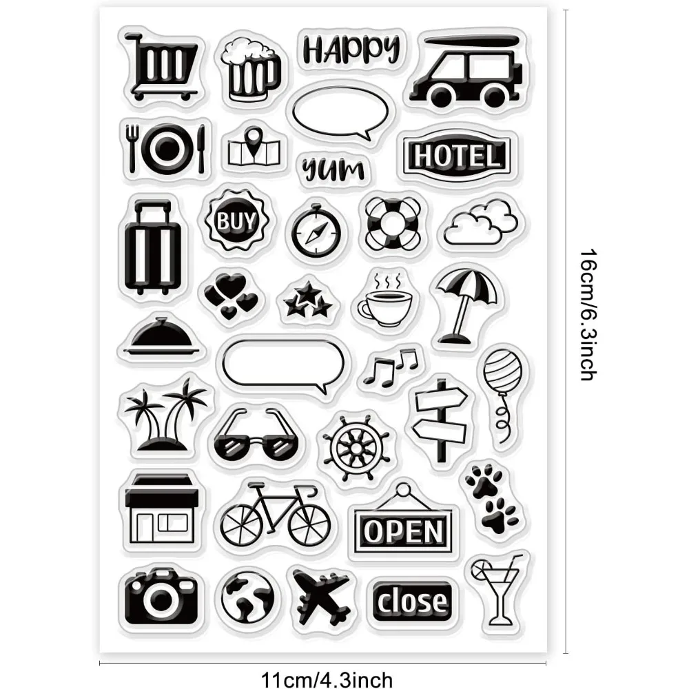 Travel Icon Themed Clear Stamps, Vehicle/Cutlery/Compass/Earth/Camera Pattern Journal Stamps Set for Paper Card Photo Album