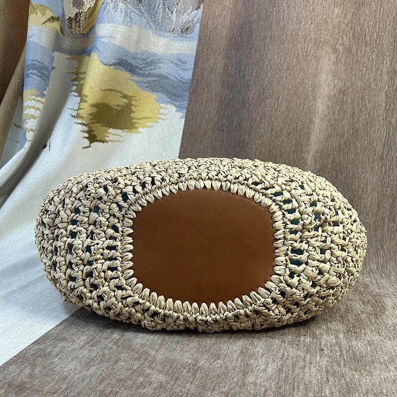 CLAREGQI Women Summer Straw Tote Bag French Genuine Leather Handle Woven Raffia Handbag Large Capacity Beach Shoulder Bag Vacati